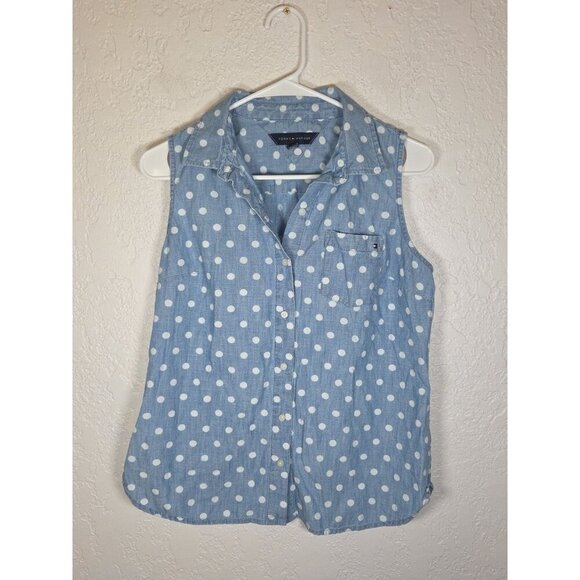 Tommy Hilfiger Womens Sleeveless Blue Denim Polka Dot Button-Up Shirt Small - Picture 1 of 6